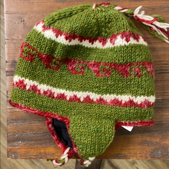 Vintage Green Red 100% Wool Knit Trapper Style Hat - Picture 7 of 9
